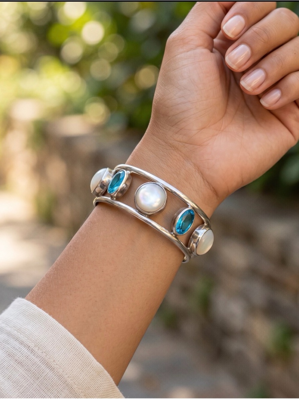 Sterling Silver Blue Topaz & Pearl Open Cuff Bracelet